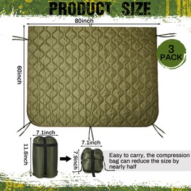 Barydat 3 Pack Woobie Military Poncho Liner 80 x 60 Inch Woobie Blanket Waterproof Thermal Poncho Liner with Bag Camo for Outdoor Camping Hunting Hiking (Green)