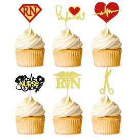 Keaziu Paquete de 24 adornos para magdalenas de enfermera, graduación para magdalenas, electrocardiograma con temática médica, cofre de medicina, púas para tartas, suministros de decoración de fiesta temática de enfermería