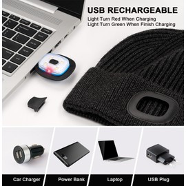 Wmcaps Unisex Hat with Light, USB Rechargeable LED Beanie, Winter Warm Knitted Headlamp Hat Gifts for Men Him Dad Husband Silver Grey