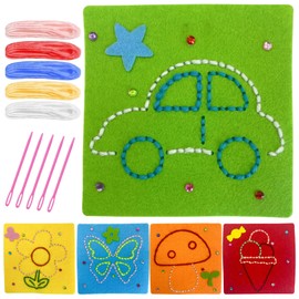 5 Pcs Kids Sewing Kit, Sewing Kit for Kids Ages 8-12, Childrens Sewing Kit with Material Cards Colored Threads Needles, Creative Gift for Children Aged 3-12