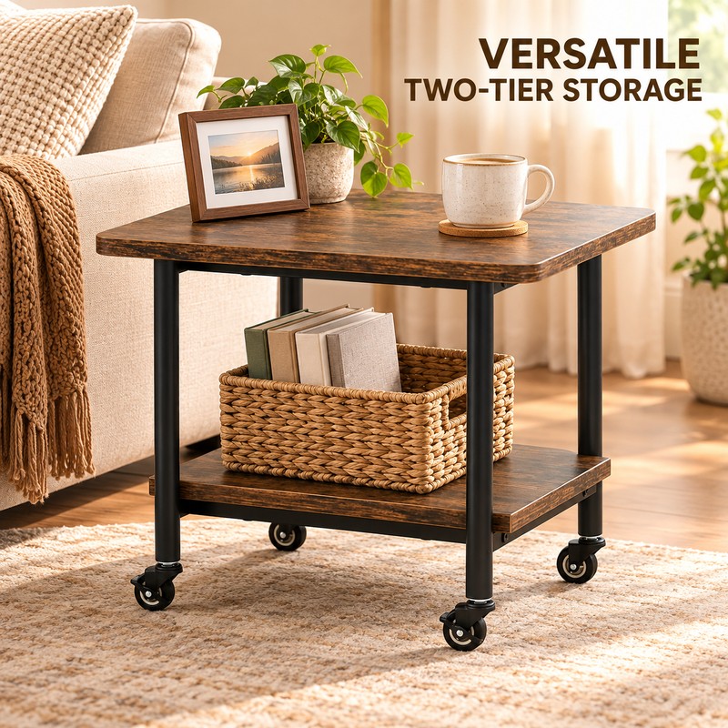 2 Tier Rolling Under Desk Printer Stand, 19.5 Inch Rustic
