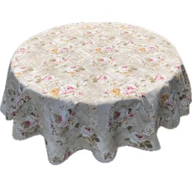 1KDreams Tablecloth - Floral Tablecloth with Pink Roses and Beige Background - Elegant Tablecloth Shabby Chic - Made in Italy (Pink, Round, Diameter 180 cm)