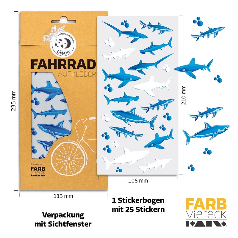 Farbviereck© Shark Reflex Bicycle Sticker Bicycle Reflectors 25 Stickers Sea