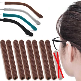 4 Pairs Extended Eye Glasses Ear Grippers, Upgrade Soft Knitting Cotton Arm Cushion for Glasses Behind Ear, Anti Slip Eye Glass Ear Grips, Non Slip Ear Pads, Eyeglasses Temple Tips for Pain (Brown)