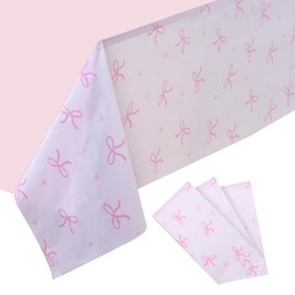 3PC Pink Bow Tablecloth, Bow Party Supplies Tablecover, Rectangle Disposable 54×108in White Pink for Birthday Party Bow Party Decor Bachelorette Decor Bridal Engagement Decor Coquette Party Supplies