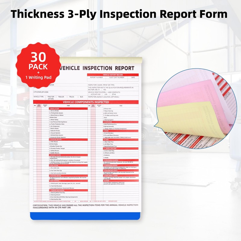 30-Pack Annual Vehicle Inspection Report Form, 3-Ply Carbonless Form and