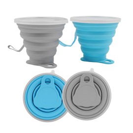 JIMDOAYO 2 Pack Silicone Collapsible Travel Cup with Lids, Portable Folding Camping Cup Sets for Camping Hiking Outdoors Travel, Grey & Blue