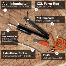 aZengear Bushcraft Flint Steel Pro Fire Steel Fire Starter, Diameter 13 mm XXL Ferro Rod, HSS Striker, Tinder, Paracord, Waterproof Outdoor Survival Set, Flint Firesteel for Camping