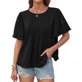 GRACE KARIN Women's 2025 Summer Babydoll Tops Casual Crewneck Ruffle Sleeve Shirts Loose Fit Pleated Blouse Outfits Black M