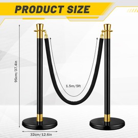 Wesiti Stainless Steel Stanchions Post with 3 Pcs 5 ft Black Velvet Rope, Red Carpet Ropes and Poles Black Crowd Control Barrier Ball Top Stanchions Sand Injection Hollow Base and Velvet Ropes(6 Pcs)