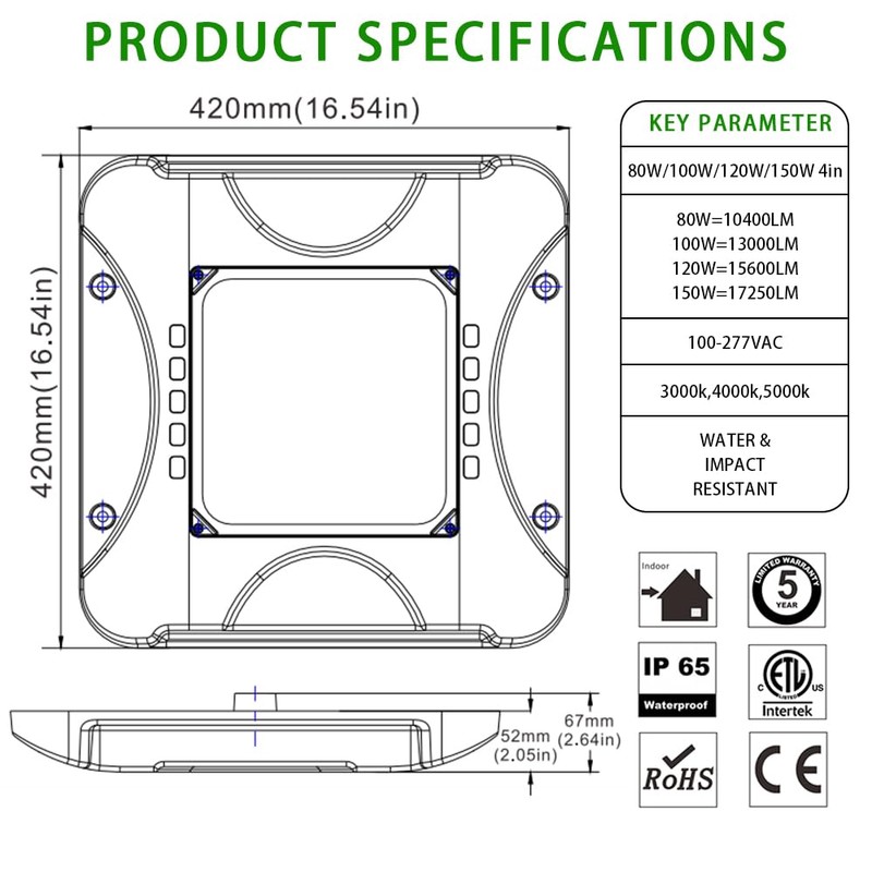 LED Canopy Light, 80/100/120/150W Adjustable, AC100-277V, 17250LM IP65 Waterproof, Commercial