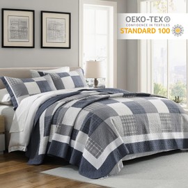 Finlonte Plaid King Quilt Set - Lightweight Cotton Quilted Bedspread Farmhouse King Size Comforter Sets with 2 Pillow Shams, 3-Piece, Blue/Beige/White