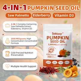Pumpkin Seed Oil with Saw Palmetto, 4-in-1 Vitamin D3 & Elderberry, 300 Softgels Pure Virgin Oil, Essential Fatty Acids & Phytosterols, Supports Hair, Urinary, Bladder & Prostate Health, Non-GMO