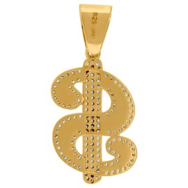 JewelryWeb 925 Sterling Silver Yellow tone Mens Cubic Zirconia Dollar Sign Currency Fashion Pendant 42.3x19.5mm Wide Necklace for Men