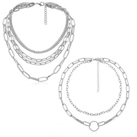 MOKAVIKY 25 Silver Layered Necklaces for Women Simple Punk Chunky Necklaces Silver Chain Goth Necklace (2pcs Silver)