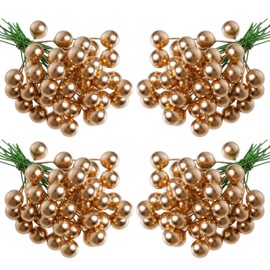 Lystaii 200pcs Artificial Holly Berries Mini 10 mm Christmas Fake Berries with Wire Stems Artificial Berry Fake Berry Stems Picks for Christmas Tree Decorations Wreath Party (Gold and Green Stems)