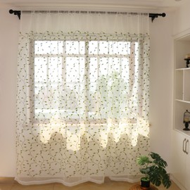 SLOW SOUL 2 Panels Green Embroidered Leaves Sheer Curtain Faux Linen Semi Sheer Voile Window Curtains Drapes for Bedroom Living Room Rod Pocket 52W X 96L inch