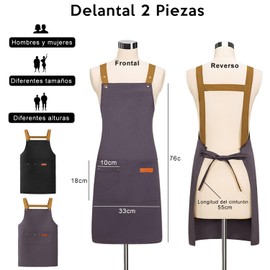 CASAMIEL 2 Piezas Delantales de Cocina para Mujeres y Hombres, Delantales Ajustables con Bolsillos para Chef, Mandiles de Poliéster Impermeable para Cocina, Barbacoa, Pintura y Jardinería