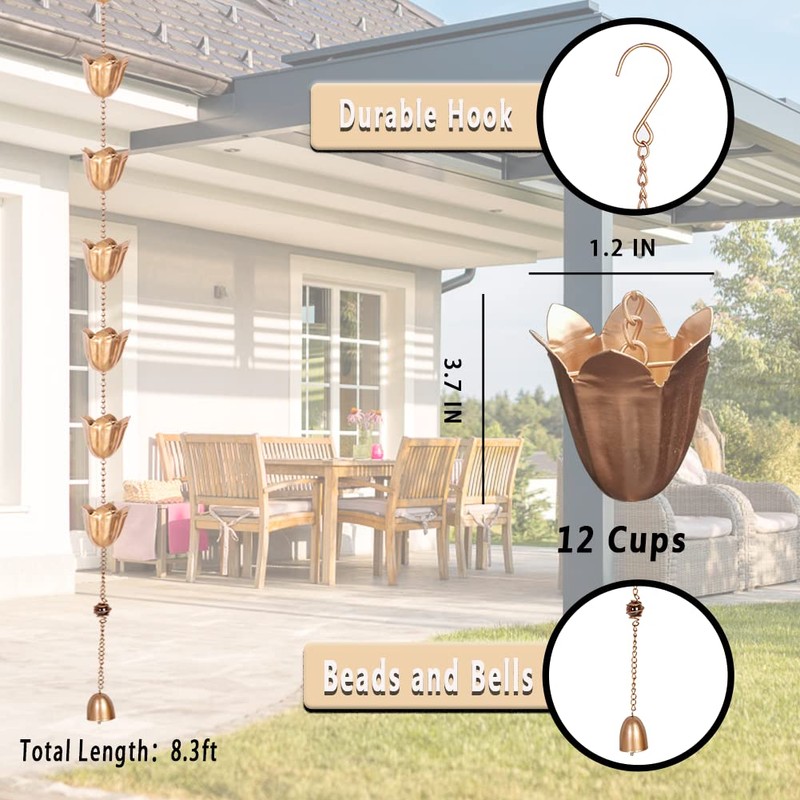 Qipade Rain Chains for Gutters, 8.3ft Length Copper Lotus Rain