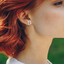 LeCalla 925 Sterling Silver Four Pearl Stud Earrings | Lightweight Two-Tone Cavier Italian Design Simulated Pearl Stud Earrings - 12mm