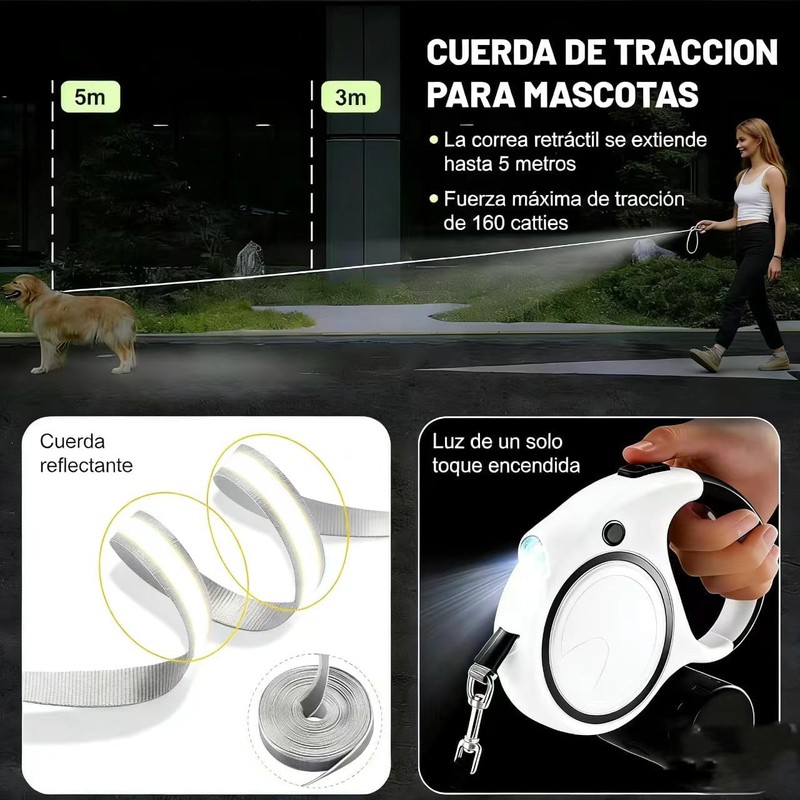 Correa Retráctil para Perro 5M,Correa Retráctil para Perro con Luz