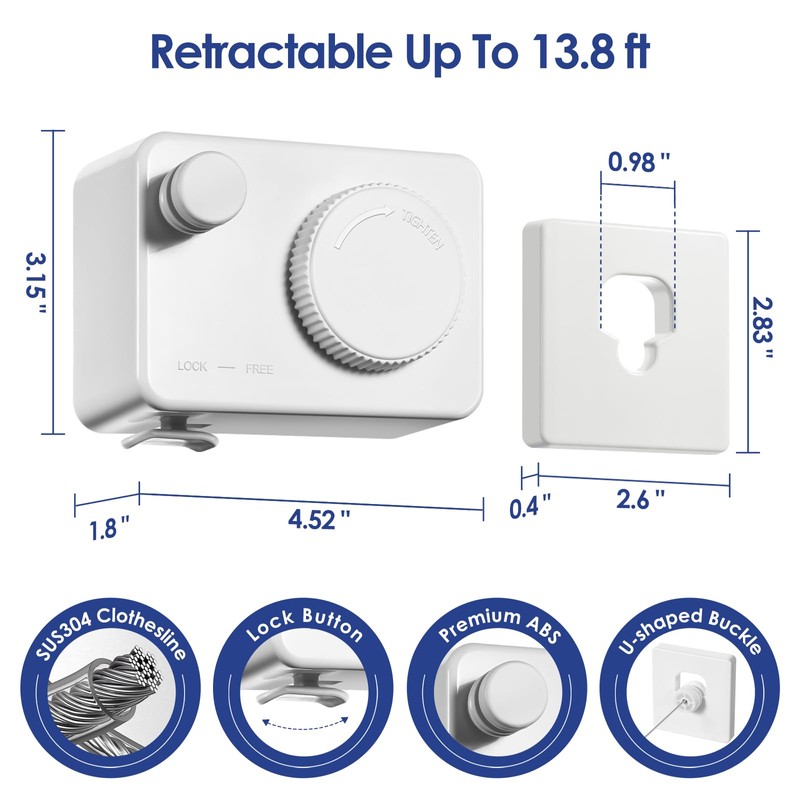 ARCHIMAS Retractable Clothesline Indoor,Non-Sagging Clothes Line Retracting Outdoors,13.8Ft Space-Saving Clothes