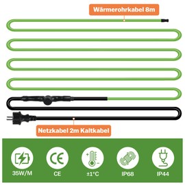 Vrietina Self-Regulating Heating Cable, 8 m Frost Protection Heating Cable with Built-in Thermostat to Protect Water Pipes Ideal for Plants Waterproof with Protective Contact Plug 35 W/m 230 V IP68