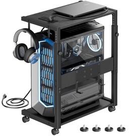 JANE EYRE Computer Tower Stand - Adjustable PC Tower Stand CPU Holder Cart with Charging Station for Office Home Classroom,23.03"-28.3" H, black