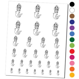 Adorable Mermaid Girl Hugging Pufferfish Friend Temporary Tattoo Water Resistant Fake Body Art Set Collection - Black (One Sheet)