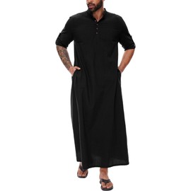 YAOHUOLE Mens Caftan Robe Long Sleeve Casual Button Up Long Down Muslim Kaftan Thobe Islamic Long Gown Black 2XL