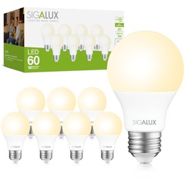 Sigalux EnergyPro, High-Efficiency LED Light Bulbs 60W Equivalent A19 2700K Warm Bulbs, Non-Dimmable Efficient 5W Soft White LED Bulb E26 Medium Base,750 Lumens,ETL Listed,8 Packs