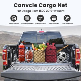 Canvcle Truck Bed Cargo Net for 2019-2025 Dodge Ram 1500 Accessories Envelope Style Mesh Trunk Net Organizer and Storage Stretchable Adjustable Elastic Nylon Rear Cargo Netting with Hooks