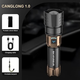 SKYFIRE LED Flashlight – Model 1097, Super Bright Rechargeable Torch with Ignition Lens, Zoomable, 4 Modes, Waterproof Tactical Light for Camping, Outdoor, Home & Gifts:_Black copper0--No Lens