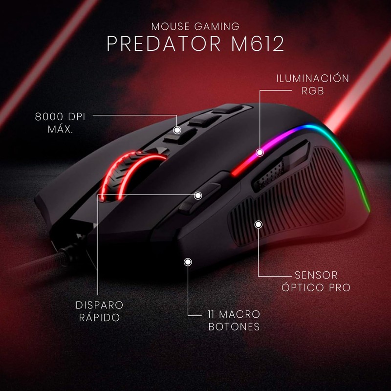 Redragon Mouse Gamer Predator M612 8000 dpi RGB Color Negro