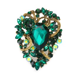 EVER FAITH Women's Teardrop Rhinestone Crystal Brooch Clip, Vintage Style Flower Cluster Brooch Pin for Cocktail Green Antiqued Gold-Tone