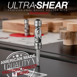 Ultra-Shear Flush Trim Router Bit, 1/4 SH, 1/2 CD, 1 CL, Template Pattern, Top & Bottom Bearing, Compression, Carbide Head, USA Made - US225010PFC