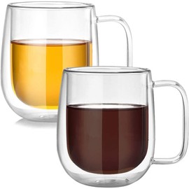 Glass Coffee Cups, Double Walled Tea Glasses, 2 x 350 ml Tea Glasses with Handle - Double-Walled Tea Glasses, Coffee Glasses, Thermal Glasses Glass, Cappuccino, Latte Macchiato, Tea, Milk, Juice, Ice