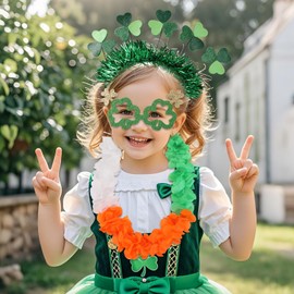 PinkSheep St Patricks Day Accessories: Irish Headband, Shamrock Glasses & St.Patricks Day Necklace Leis - St Patricks Day Gifts for Kids - 3Pcs St Patricks Day Outfit for Party Supplies Green