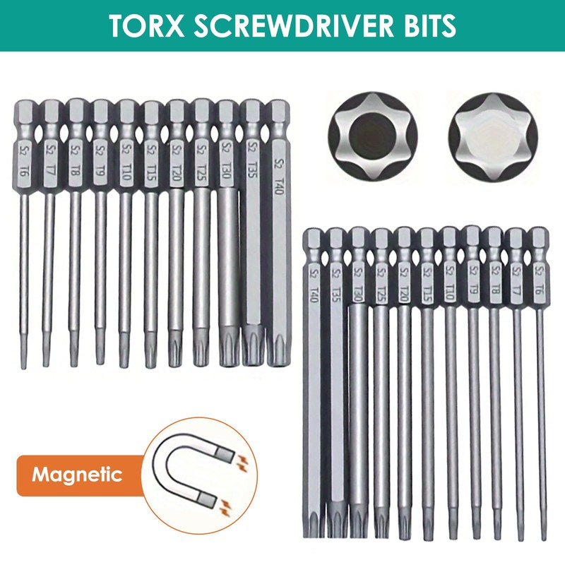 Torx Bit Set, 100mm Torx Screwdriver Bit Sets 11pcs T6-T40