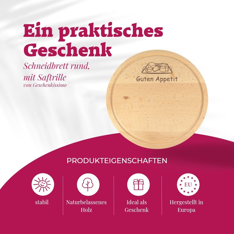 Round Wooden Board with Engraving, Name + Motif, Chopping Board