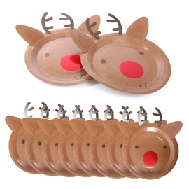 Christmas Plates Reindeer Pack of 10 Brown Plates with Attachable Antlers - Fun Xmas Party Table Decoration Tableware Kids Childs Events