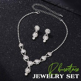JEAIRTS Rhinestone Prom Jewelry Set Silver Crystal Necklace Dangle Earrings Sparkly Diamond Tennis Chain Jewelry for Women