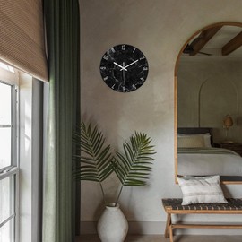 Constantplanet Big Wall Clock for Living Room Decor Marble Glass Wall Clock Battery Operated 16 Inch Black Wall Clock Non Ticking