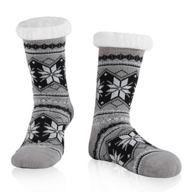 WOTENCE Men's Warm Thick Winter Socks, Non-Slip Sole, Fluffy Thermal Socks, Inner Terry Towelling Slippers Socks, snowflake grey