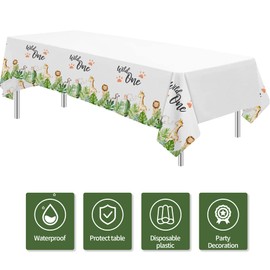 FVABO Wild One Birthday Decorations Tablecloth, 3pcs Disposable Jungle Animal Safari First Birthday Party Supplies Tablecover for Boy Girl, 86in x 55in
