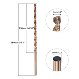 sourcing map M35 High Speed Steel Straight Shank Twist Extra Long Drill Bit, Gold Oxide 5mm Drill Diameter 160mm Length