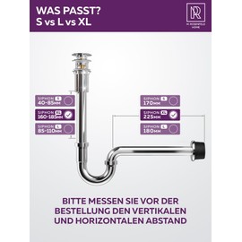 Siphon Sink 1 1/4 Inch Size XL - Height Adjustable Tube Siphon 165-185 mm - Stainless Steel Odour Trap - Drain Pipe 225 mm for Bathroom & Guest Toilet - Includes Seals & Rosette 65 mm