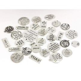 Dijkoo Dstertech 31 PCS Inspiration Word Charms Collection - Antique Silver Round Rectangle Inspiration Words, Metal Pendants for Necklace, Bracelet, Craft Jewelry Making DIY Findings