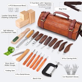 Wood Carving Tools, 27Pcs Wood Carving Kit with Leather Storage Bag,14Pcs Whittling Knives,Folding Saw ,Bench Vise,Leather Strop Biock and 6pcs wood Block,Whittling kit for Beginners and Enthusiasts