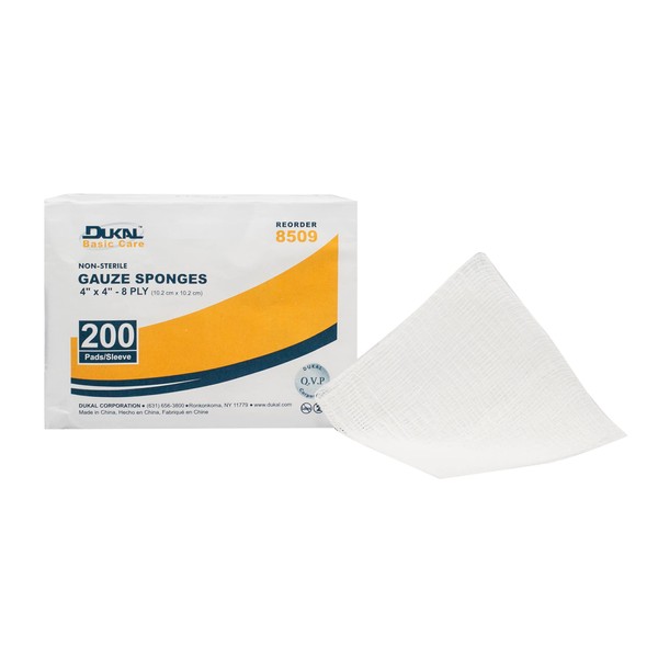 Dukal-8509 Gauze Sponge, 8-Ply, Non Sterile, Basic, 4" x 4" (Pack of 4000)